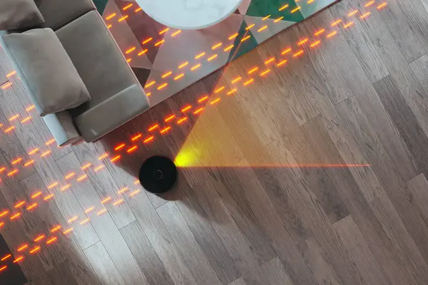 Smart Robot Vacuum Cleaner Efficiently Maneuvering Sofa Polished Hardwood Floor — Stock Photo, Image