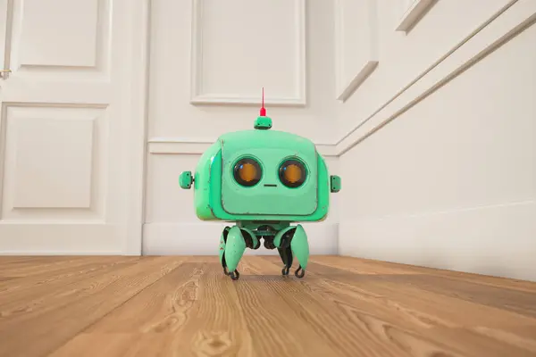 An endearing green vintage toy robot poses on a polished wooden floor. The quaint robot, set against a white wall, adds a touch of nostalgia and playfulness to the bright room.