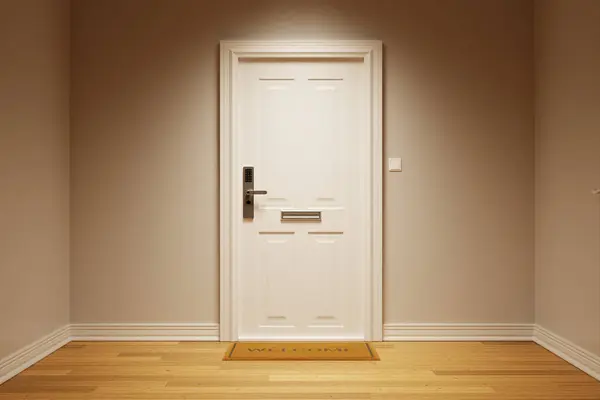 Elegantly designed home entry featuring a closed white door with an advanced electronic lock system, complemented by a cozy brown welcome mat on a polished wooden floor