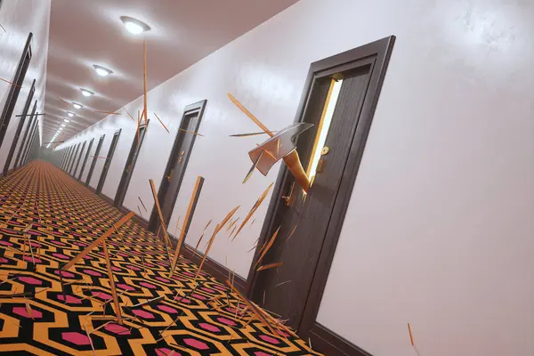 Intricately Digital Rendering Lively Corridor Axe Debris Defying Gravity Piercing — Stock Photo, Image