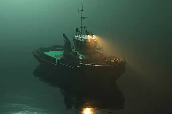 Industrious Tugboat Navigates Dense Morning Fog Its Lights Cutting Serene — Stock Photo, Image