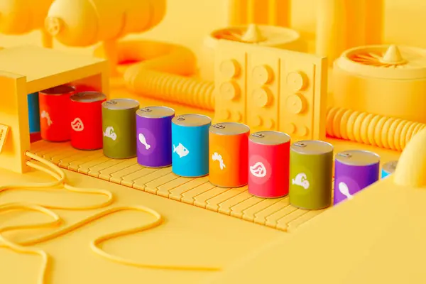 An assortment of vividly colored canned goods with detailed food icons, neatly aligned on a toy conveyor belt with a bright yellow hue, evoking a playful industrial vibe.