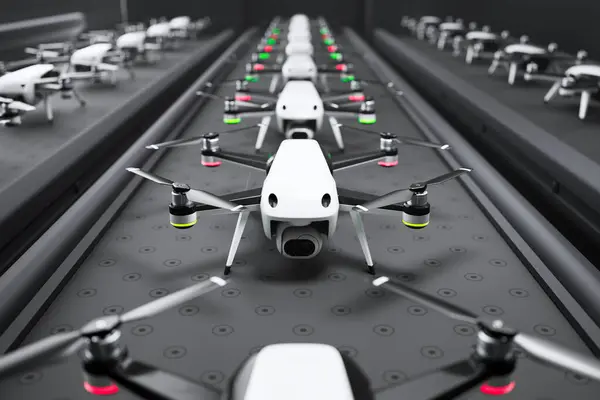 Imponujący Widok Zaawansowanych Dronów Montowanych Najnowocześniejszej Zautomatyzowanej Linii Produkcyjnej Odzwierciedlającej — Zdjęcie stockowe