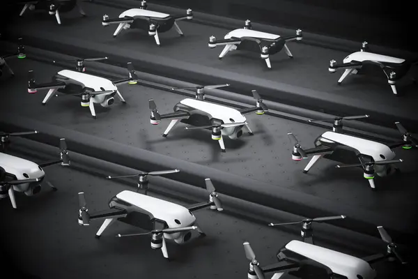 A meticulously arranged collection of cutting-edge drones, showcasing their sleek white and black designs, perched for inspection on a textured patterned backdrop.