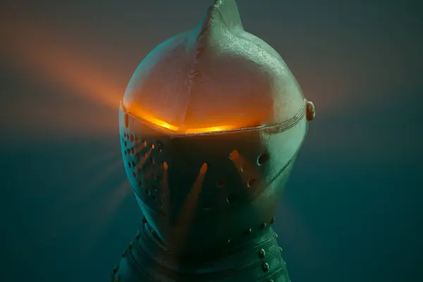 Captivating Close Showcases Medieval Knight Helmet Bathed Mysterious Glow Set — Stock Photo, Image