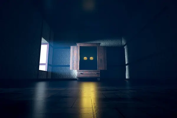 別の世界的な輝きに浴びたヴィンテージのワードローブは 静かな部屋の暗闇を包み込み 深い謎とファンタジーの感覚を呼び起こす孤独な立場にあります — ストック写真
