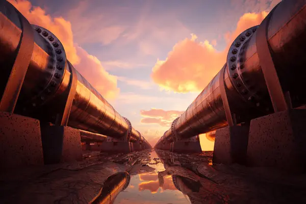 Una Vista Panorámica Oleoductos Industriales Que Alcanzan Horizonte Bañados Cálido — Foto de Stock