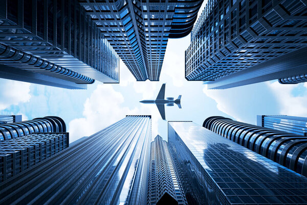 This striking urban vista captures modern skyscrapers reaching towards a vast, clear blue sky, with a silhouette of a plane soaring above, epitomizing bustling city life and the essence of travel.