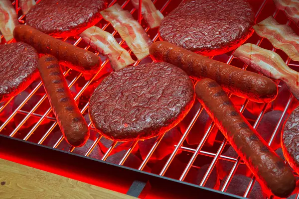 Succulent Array Beef Burgers Juicy Hot Dogs Crispy Bacon Sizzle — Stock Photo, Image