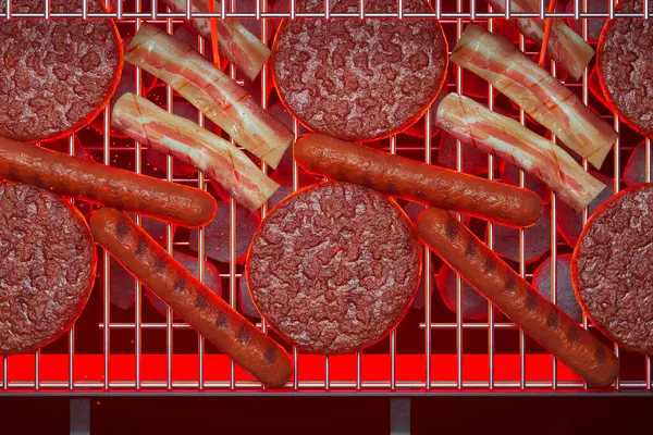 Appetizing Array Sizzling Beef Patties Succulent Sausages Crispy Bacon Strips — Stock Photo, Image