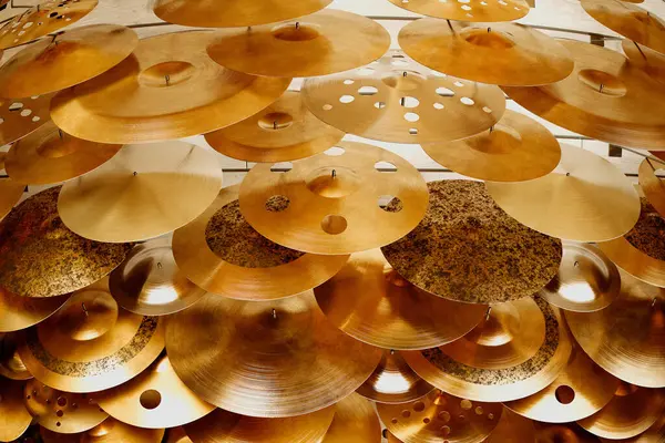 Close Array Cymbals Highlighting Intricate Textures Finishes Craftsmanship Tightly Stacked — Stock Photo, Image