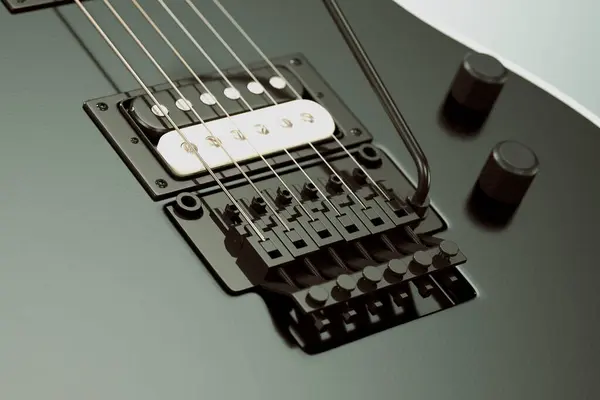 クローズアップショット エレクトリックギターの複雑なコンポーネントをキャプチャし 文字列 ピックアップ チューニングペグをクラフトマンシップとサウンド品質に焦点を当てます — ストック写真