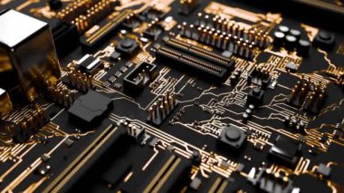 Yüksek çözünürlüklü görüntü, çeşitli elektronik bileşenleri olan siyah ve altın bir devre kartının detaylı mimarisini gösteriyor.