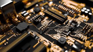 Teknoloji ve mühendislik odaklı karmaşık yollar ve çeşitli bileşenler içeren modern elektronik devre kartının makro görüntüsü.