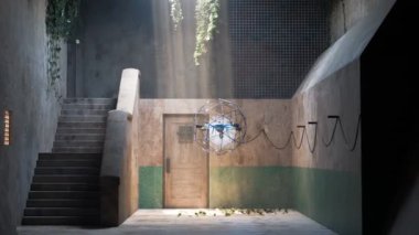 Küresel bir çerçeveye kaplanmış bir dron, güneşli, sarmaşıklı ve merdivenli harap bir binanın içinde sanatsal bir heykelin yanında asılı duruyor..