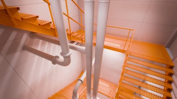 工业环境中浅色背景下充满活力的橙色金属楼梯和管道的透视 — 图库视频影像