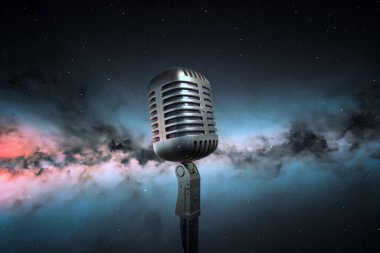 A retro silver microphone stands out against a stunning backdrop of a starry sky and vivid nebulae, merging the charm of vintage entertainment with the allure of space. clipart