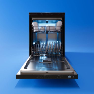 Son model paslanmaz çelik bulaşık makinesi pırıl pırıl temiz bulaşık ve çatal bıçaklarla doludur. Hepsi parlak tasarımı ve verimliliğini ön plana çıkarmak için çarpıcı bir mavi arkaplan üzerine kuruludur..