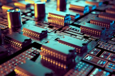 Elektronik devre kartının karmaşık detaylarını gösteren yüksek çözünürlüklü, yakın plan bir fotoğraf. Mikroçipler, kondansatörler ve çeşitli kondansatörler..