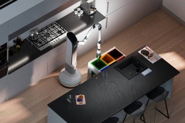 Modern bir mutfakta, gelişmiş bir robotik kol, akıllı teknoloji ve çevresel bilincin entegrasyonunu gösteren, geri dönüşümleri incelikle sınıflandırır..