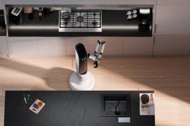 Modern bir mutfağın özünü yakalamak için, teknolojik olarak gelişmiş bir robotik kolun özel aletler arasında yer almasıyla vurgulanan, minimalist tasarımı ile..