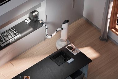 Bu zarif modern mutfakta, son model bir robot kol, ev otomasyonu ve rahatlığının zirvesini gözler önüne sererek, zahmetsizce bir fincan taze kahve hazırlıyor..