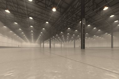 Bu geniş, modern endüstriyel depo cilalanmış beton zeminlere sahip ve verimli tavan lambalarıyla aydınlatılıyor..