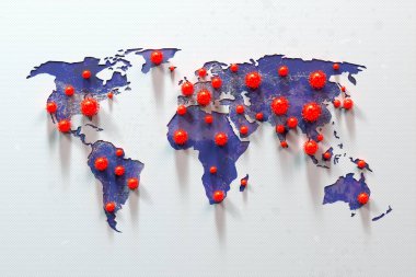 Beyaz zemin üzerindeki dünya haritası, her bir kıtanın, modern halk sağlığı krizlerinin birbiriyle bağlantılı doğasını sembolize eden küresel bir virüs salgınının geniş bir alana yayıldığını göstermek için vurgulanmıştır..