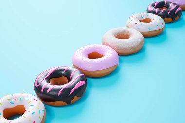 Bu resim, her biri farklı malzemelerle süslenmiş, canlı, minimalist bir cazibeyi somutlaştıran, açık mavi bir yüzeye ustaca yerleştirilmiş, beş renkli donuttan oluşan görkemli bir çeşitliliğe sahip..