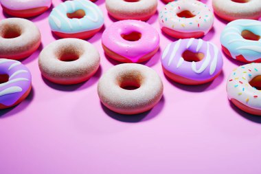 Bu resim, her birine özenle serpiştirilmiş renkli donutlar serpiştirilmiş, yumuşak pastel pembe arka plan üzerine yerleştirilmiş, nefes kesici bir çeşitlilik yakalıyor..