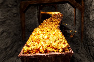 Bir yeraltı tünelinin gölgeli sınırlarında, bir maden arabası parlak altın külçeleriyle dolup taşar, servetin amansız arayışının somut bir örneğidir..