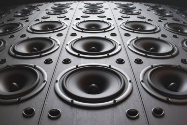 A meticulously aligned series of speakers embodying the pinnacle of sound technology, designed for unparalleled audio performance and visual symmetry. clipart