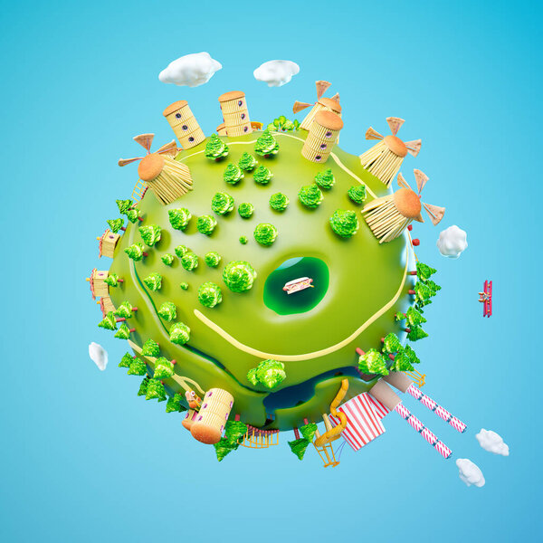Захватывающий, миниатюрный сферический мир демонстрирует ветряные мельницы, пышные деревья и причудливые дома, все настроено против яркого голубого неба, символизирующего утопию устойчивости.