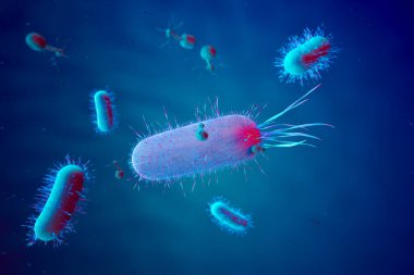 Bu illüstrasyon, parlayan mavi bir ortama daldırılmış çeşitli bir dizi bakteriyi bilimsel görselleştirme için karmaşık hücresel yapılarını vurguluyor..