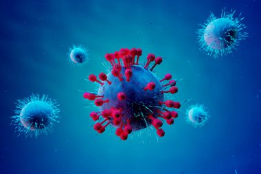 Bu yüksek detay 3D görüntüsü mutasyona uğrayan virüs parçacıklarını keskin dikenlerle yakalıyor, ürpertici mavi bir zemin üzerine kuruluyor, tıbbi araştırmalar ve halk sağlığı alanındaki devam eden savaşı vurguluyor..