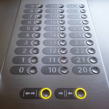 Pürüzsüz, modern asansör kontrol panelinin detaylı bir görüntüsü. 0- 28. katlar için ışıklandırılmış düğmeler ve yüksek çözünürlüklü kapı işletim komutları..