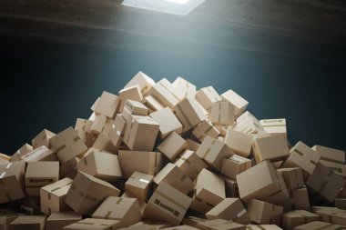 View of a vast, disorganized accumulation of assorted cardboard boxes, haphazardly stacked within a dim, industrial warehouse, highlighting the chaos of storage and shipping logistics. clipart