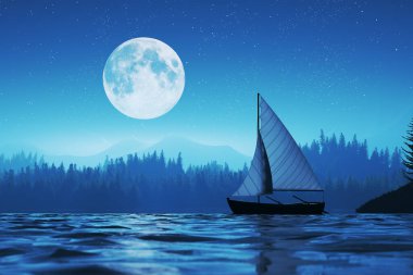 Huzurlu bir gölde süzülen bir yelkenlinin büyüleyici görüntüsü dolunayın büyüleyici parıltısının altında, çam ağaçları ve dağlarla huzurlu bir zemin hazırlıyor..