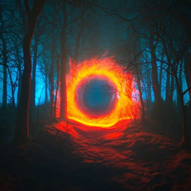 Büyüleyici bir gece sahnesi, orman ağaçlarının karanlık siluetleri tarafından çerçevelenmiş gizemli bir kapı gibi parlıyor, canlı bir kontrast ile gerçek üstü bir atmosfer yaratıyor..