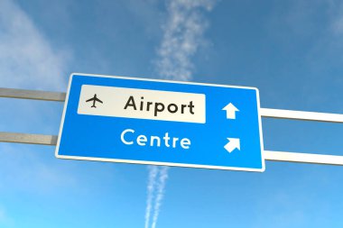 Açık, mavi bir zıt zemin, havaalanı ve Merkez 'e giden güzergahları gösteren yön işaretini vurguluyor. Seyrüsefer rehberliği için ideal.