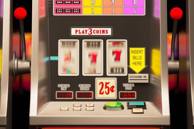 Canlı bir kumarhane geçmişine karşı kurulan eski bir kumar makinesinin büyüleyici yakın plan çekimi, dönen makaralar ve geleneksel kumar sembolleri.