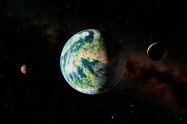 Bu dijital başyapıt, uydusu ile birlikte Dünya benzeri bir dış gezegen sergiliyor. Evrenin gizemlerini çağrıştıran sonsuz yıldızlı uzayın canlı bir zeminine karşı kurulmuş..