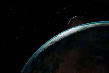 Bu çarpıcı görüntü Dünya 'nın eğriliğini ve uzak Ay' ı yakalar. Uzayın sonsuz arkaplanına karşı kurulur ve kozmosumuzun güzelliğini gözler önüne serer..