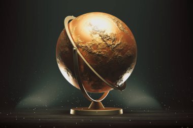 Bu resim titizlikle detaylandırılmış Mars küresinin parlak metalik bir duruş üzerinde, koyu bir arkaplan karşısında gerçekçi dokular ve ışıklandırma sergiliyor..