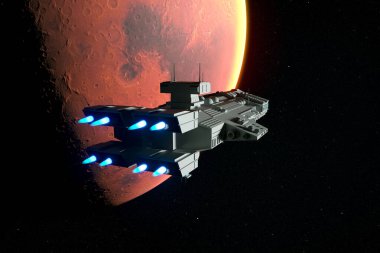 Mars 'ın yörüngesinde ışık saçan motorları olan fütüristik bir uzay gemisinin çarpıcı 3D görüntüsü canlı bir günbatımının arka planına karşı çekilmiştir..