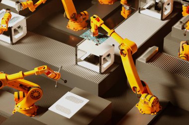 Otomatik robotik silahlar, modern teknoloji ürünü üretim fabrikası ortamında yüksek teknoloji ürünü montaj bandında elektronik cihazları birleştirir..