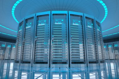 Bu resim modern teknoloji ve dijital depolama çözümlerinin somut örneklerini gösteren, gelişmiş sunucu raflarıyla mavi LED ışıklarla yıkanmış son teknoloji veri merkezini yakalıyor..