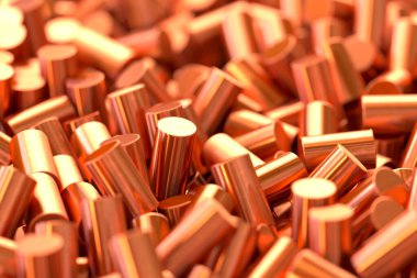 Bu resim, endüstriyel materyallerin güzelliğini vurgulamak için titizlikle tekrarlayan, soyut geometrik bir şablon şeklinde düzenlenmiş geniş bir bakır silindir ve disk koleksiyonunu gösteriyor..