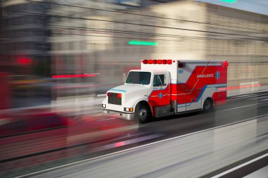 Capturing the urgency of healthcare services, this image showcases a red ambulance with flashing lights navigating quickly through heavy city traffic, epitomizing rapid medical response. clipart