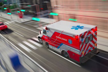 Sağlık hizmetlerinin aciliyetini yakalayan bu görüntüde, yoğun şehir trafiğinde hızla ilerleyen, hızlı tıbbi tepkilerin bir örneği olan kırmızı bir ambulans görülüyor..